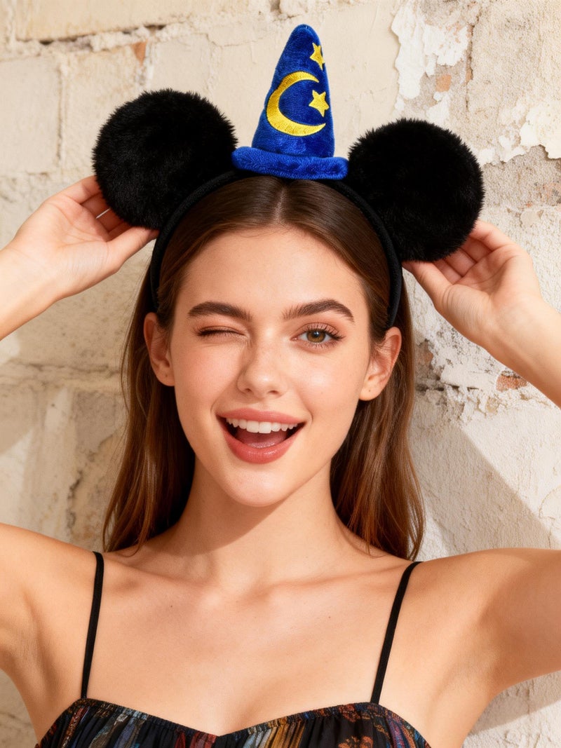 A Miaow Horn Flower Headpiece Black Mouse Ears Headband MM Butterfly Hair Hoop Halloween Park Women Adults Costume Photo Shoot (Yellow Moon Stars) - Image 3